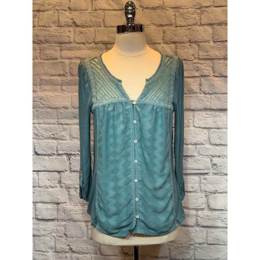 Anthropologie Meadow Rue Boho Aqua Mixed Media 3:4 Sleeve semi-Sheer Blouse A478